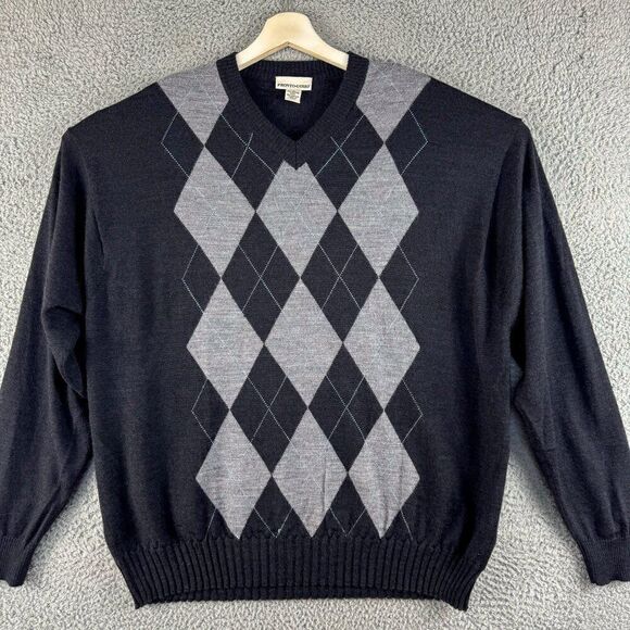 Pronto Uomo Argyle Sweater Mens 2X Black Merino Wool Blend Office Preppy Outdoor - Picture 1 of 11